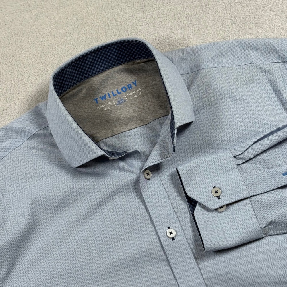 Twillory Mens Performance Dress Shirt Blue Herringbone Tailored Fit 17 34-35 XL